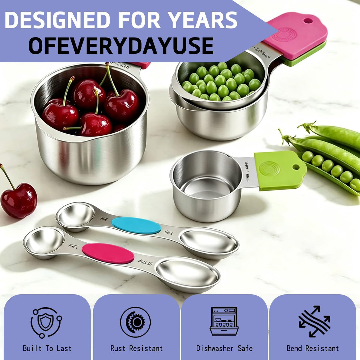 Stainless Steel Magnetic Measuring Cups and Spoons Set, 5 Nesting Magnetic Measuring Cup, 7 Magnetic Measuring Spoons, 1 Leveler for Liquid & Dry