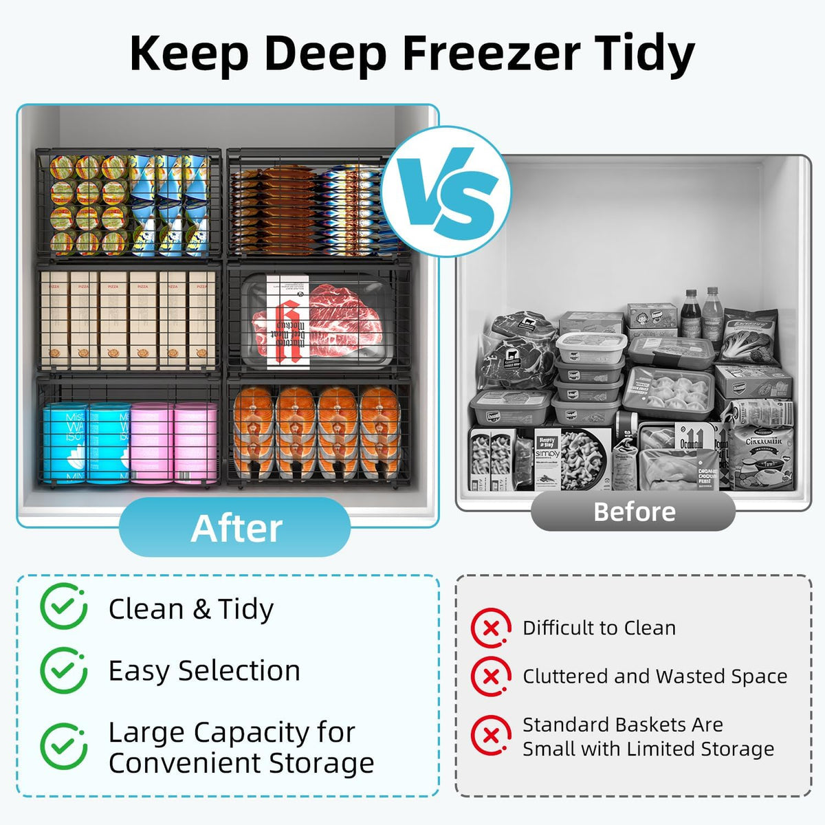 Freezer Organizer Bins,3 Pack Large Deep Freezer Organizer Bins for 5/7/10 Cu.FT Deep Freezer,Easy Access,Stackable & Sturdy,Black