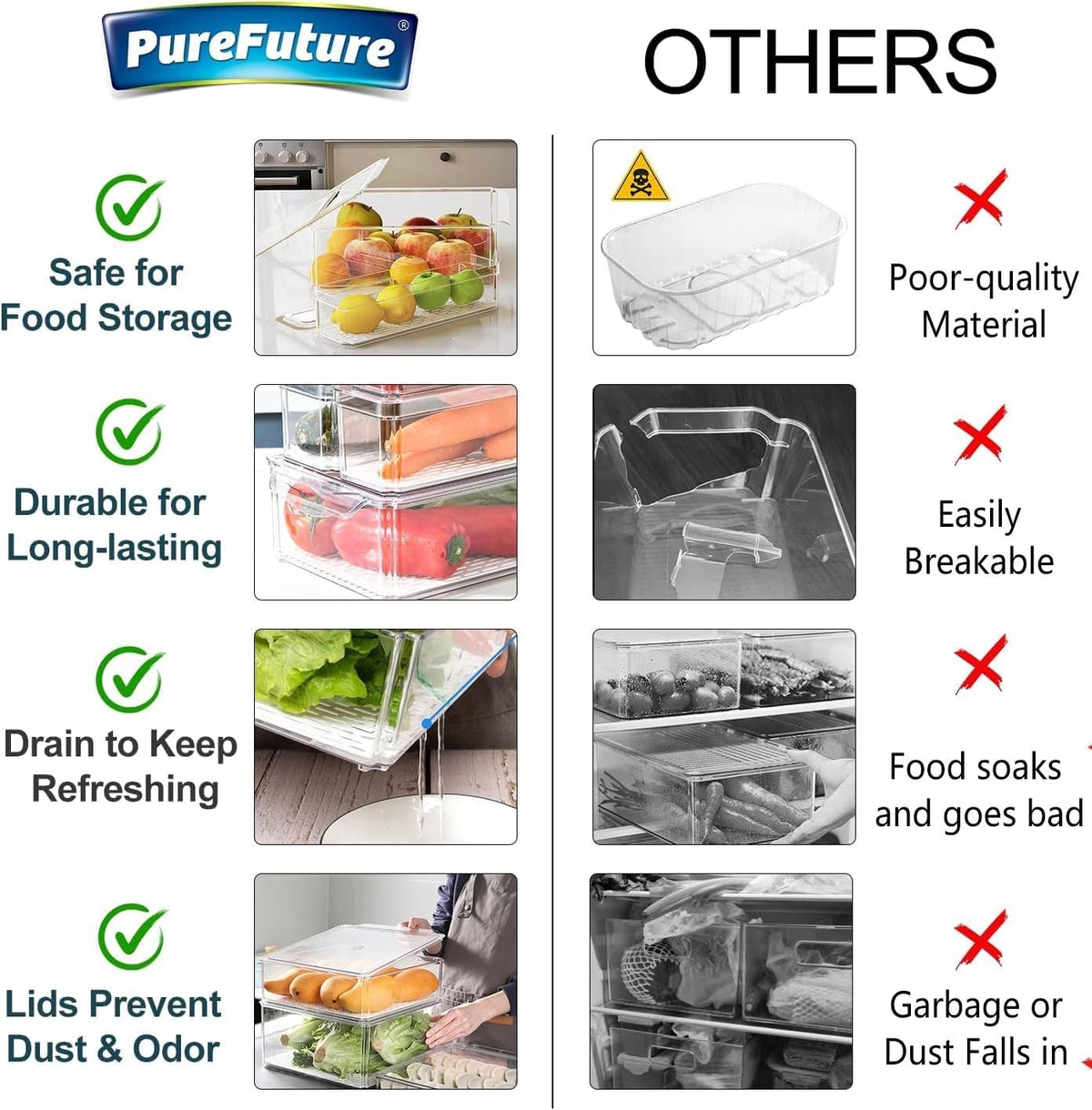 Pure Future 10-Pack Fridge Organizers and Storage Clear Container with Lids