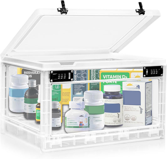 Large Medicine Lock Box with Dual 3-Digit Combination Locks, 24L Lockable Storage Box for Medication, Snacks, Phone, and Electronics - BPA-Free Organizer Bin for Home, Office, Fridge, and Safety