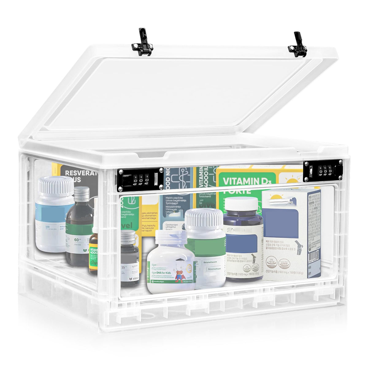 Large Medicine Lock Box with Dual 3-Digit Combination Locks, 24L Lockable Storage Box for Medication, Snacks, Phone, and Electronics - BPA-Free Organizer Bin for Home, Office, Fridge, and Safety