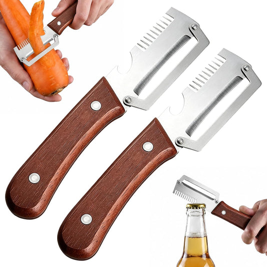 2026 Upgrade 3 in 1 Vegetable Peeler with Scallion Shredder & Bottle Opener, Professional Stainless Steel Potato Peeler with Ergonomic Wood Handle, Rust-Resistant & Heavy Duty Kitchen Tool (2)