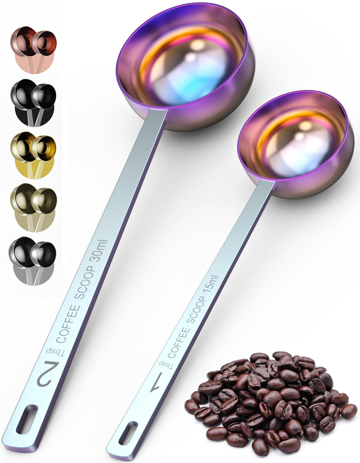 Orblue Premium Coffee Scoop Set - 1 Tbsp (15ml) & 2 Tbsp (30ml) Measuring Tablespoon - Stainless Steel Coffee Measuring Spoon and Scooper with Long Handles - Pack of 2 - Gold
