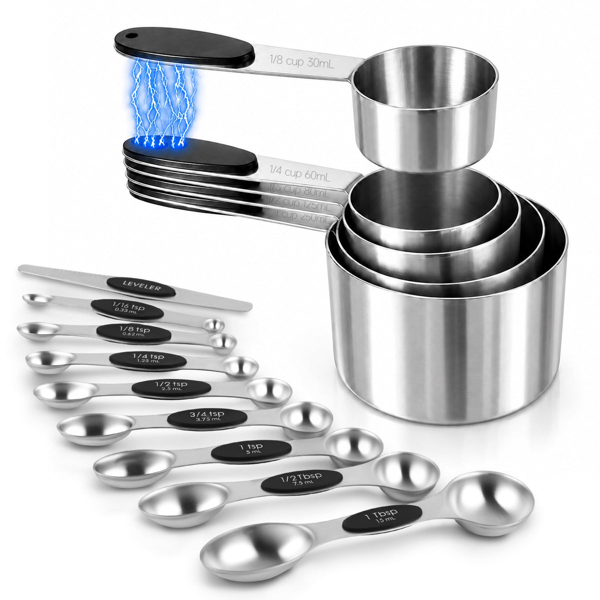 Magnetic Measuring Cups and Spoons Set, Stainless Steel, 14 Pcs