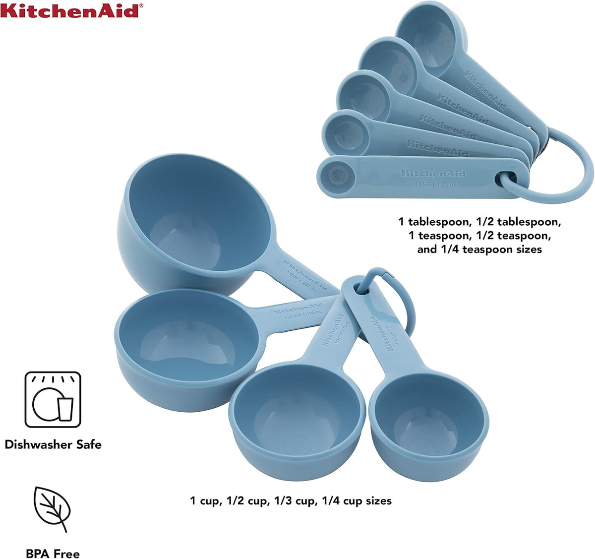 KitchenAid Universal Easy To Read Measuring Cup and Spoon Set with Soft Grip Handle for Maximum Control, Hang Hole and Nesting For Easy Storage, Dishwasher Safe, 9 Piece, Blue Velvet