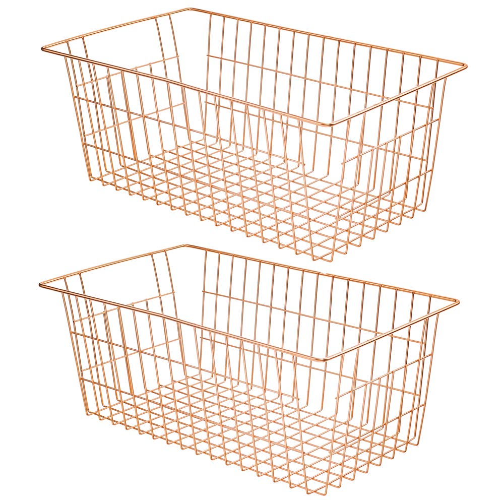 SANNO Freezer Baskets Wire Farmhouse Large Organizer Storage Bins Rack for Storage, Office, Bathroom, Pantry Organization with Handles-Set of 2, 15.7"