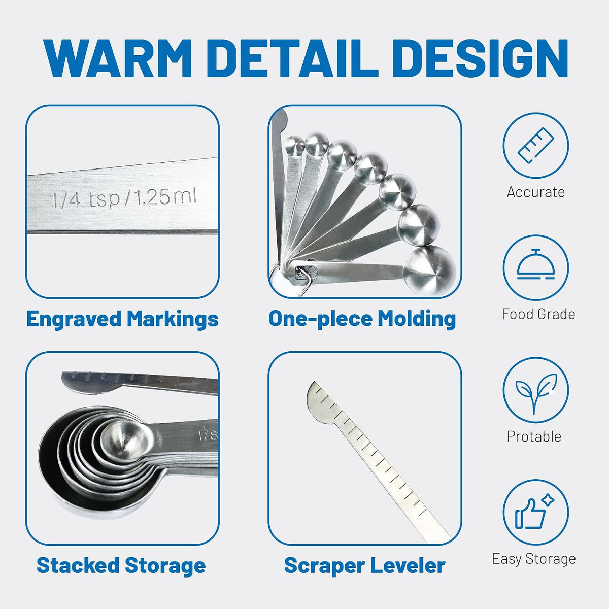 8PCS Measuring Spoons, Premium Heavy Duty Stainless Steel Measuring Spoons Cups Set, Small Tablespoon with Metric and US Measurements, Set of 8 for Measuring Dry and Liquid Ingredients