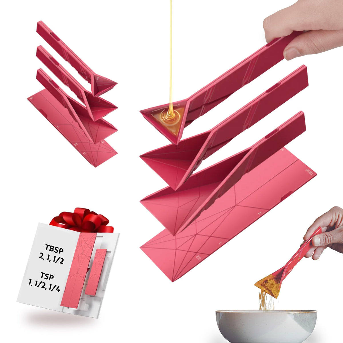 POLYGONS - Original Flat 3-in-1 Folding Measuring Spoons | 2 Spoons fold into 6 Sizes | Magnetic | DuraBend Tech lasts 100k+ folds | LeakProof for Wet & Dry | Gift Packaging | Baking/Cooking (Black)