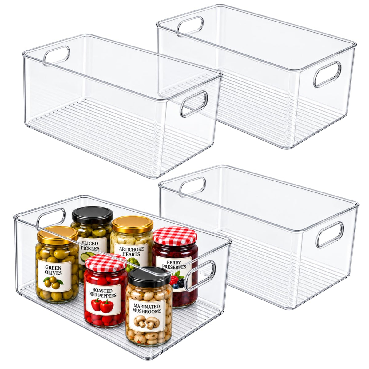 Plastic Food Storage 2 Pack Clear Container Bin with Handles for Organizing Kitchen, Pantry, Refrigerator, Freezer, Pantry, Cabinet, Closet, Bathroom. Stackable 10”x6”x3”