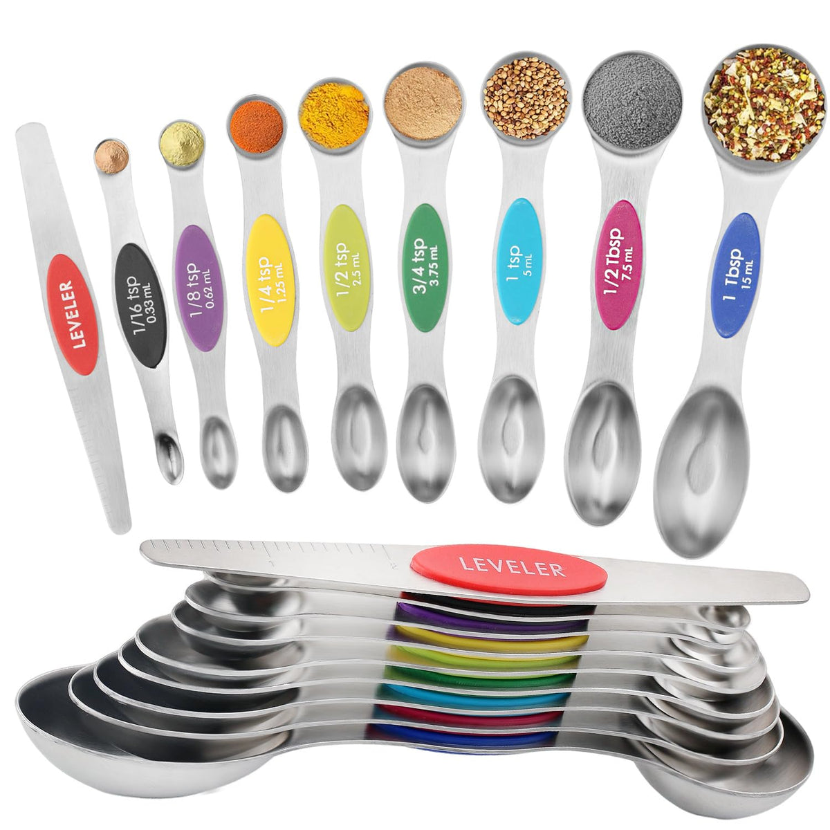 Magnetic Measuring Spoons Set of 9 with Leveler, Color-Coded Dual Sided Stainless Steel Measuring Spoon Set, Stackable Teaspoon and Tablespoon Set for Baking, Cooking, Kitchen Gadgets Dishwasher Safe