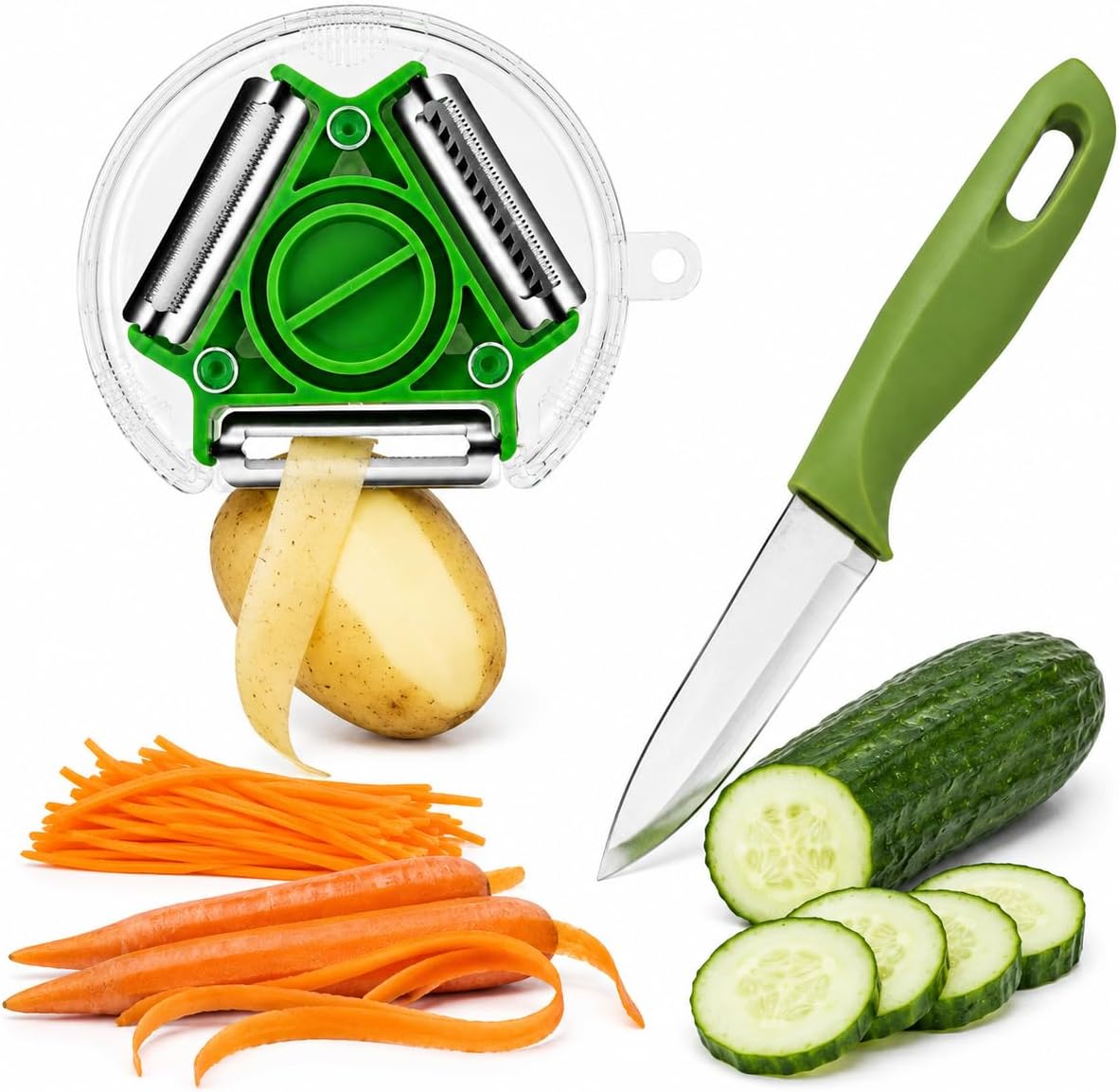 Vegetable Peeler and Paring Knife Set, 3-in-1 Rotary Vegetable Peeler, Ultra Sharp Stainless Steel Blades, Soft Grip Ergonomic Handle, Kitchen Tool, Veggie, Fruit, Potato, Apple, 2-Piece Set-Green