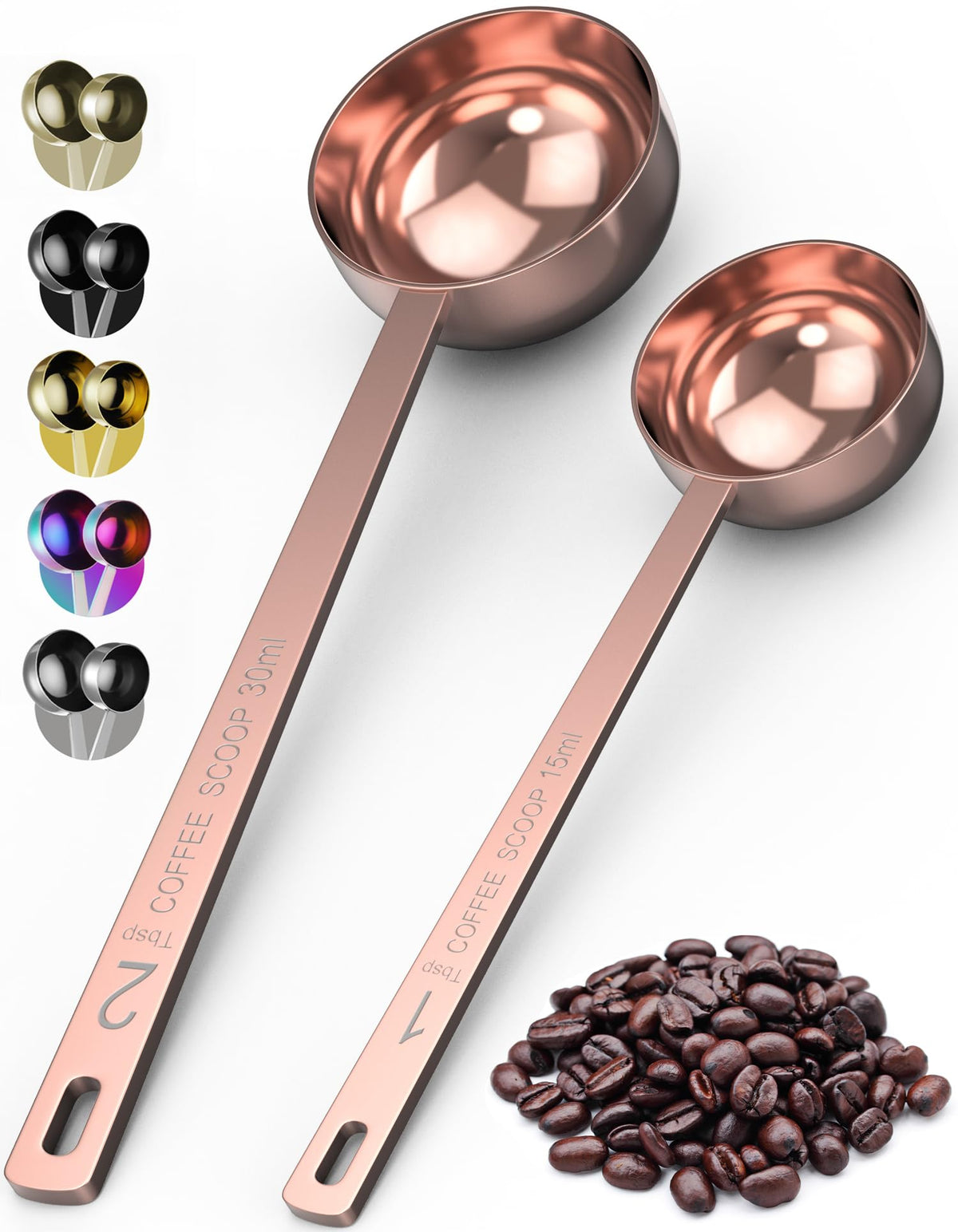 Orblue Premium Coffee Scoop Set - 1 Tbsp (15ml) & 2 Tbsp (30ml) Measuring Tablespoon - Stainless Steel Coffee Measuring Spoon and Scooper with Long Handles - Pack of 2 - Gold