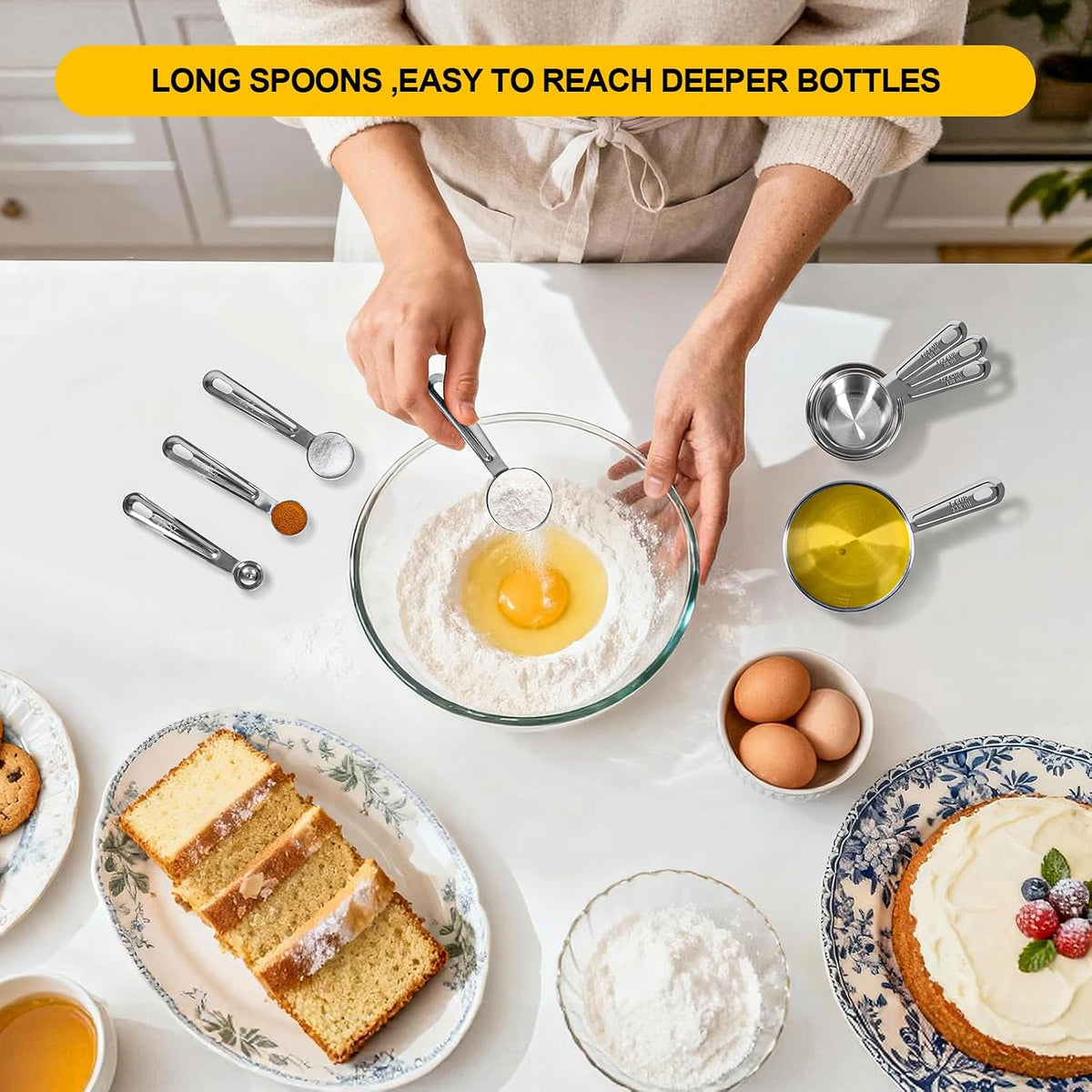 8 PCS Stainless Steel Measuring Cups and Spoons Set, Premium Measure Cups and Spoons Long Handle Stackable Measuring Cups for Kitchen Cooking & Baking, Dry & Liquid Dishwasher Safe