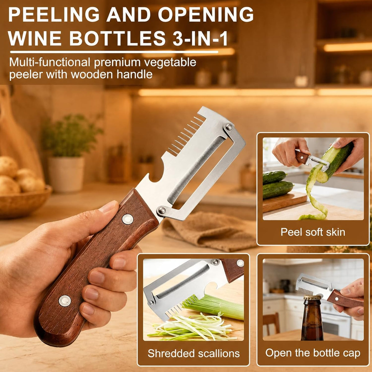 2026 Upgrade 3 in 1 Vegetable Peeler with Scallion Shredder & Bottle Opener, Professional Stainless Steel Potato Peeler with Ergonomic Wood Handle, Rust-Resistant & Heavy Duty Kitchen Tool (2)