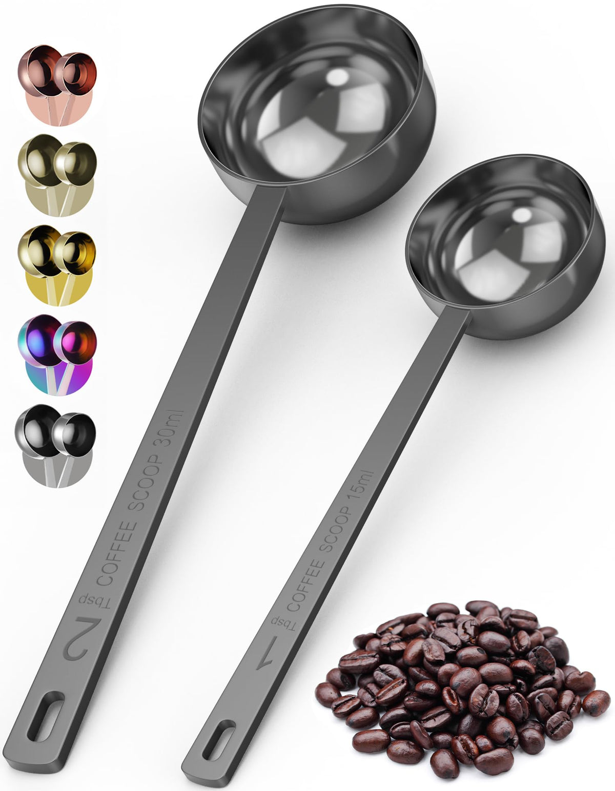 Orblue Premium Coffee Scoop Set - 1 Tbsp (15ml) & 2 Tbsp (30ml) Measuring Tablespoon - Stainless Steel Coffee Measuring Spoon and Scooper with Long Handles - Pack of 2 - Gold