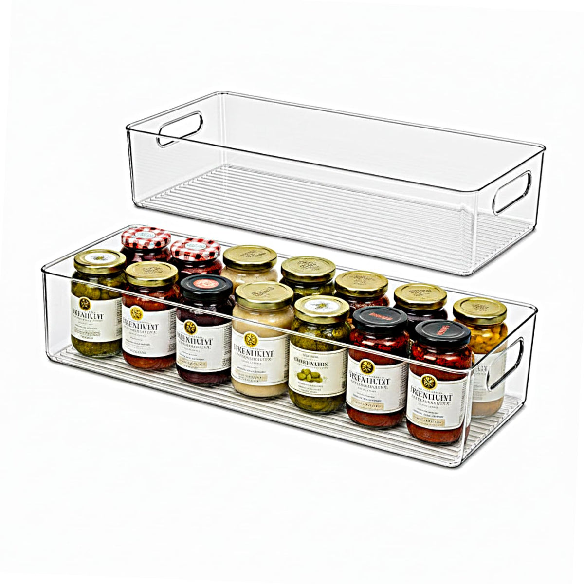 Plastic Food Storage 2 Pack Clear Container Bin with Handles for Organizing Kitchen, Pantry, Refrigerator, Freezer, Pantry, Cabinet, Closet, Bathroom. Stackable 10”x6”x3”