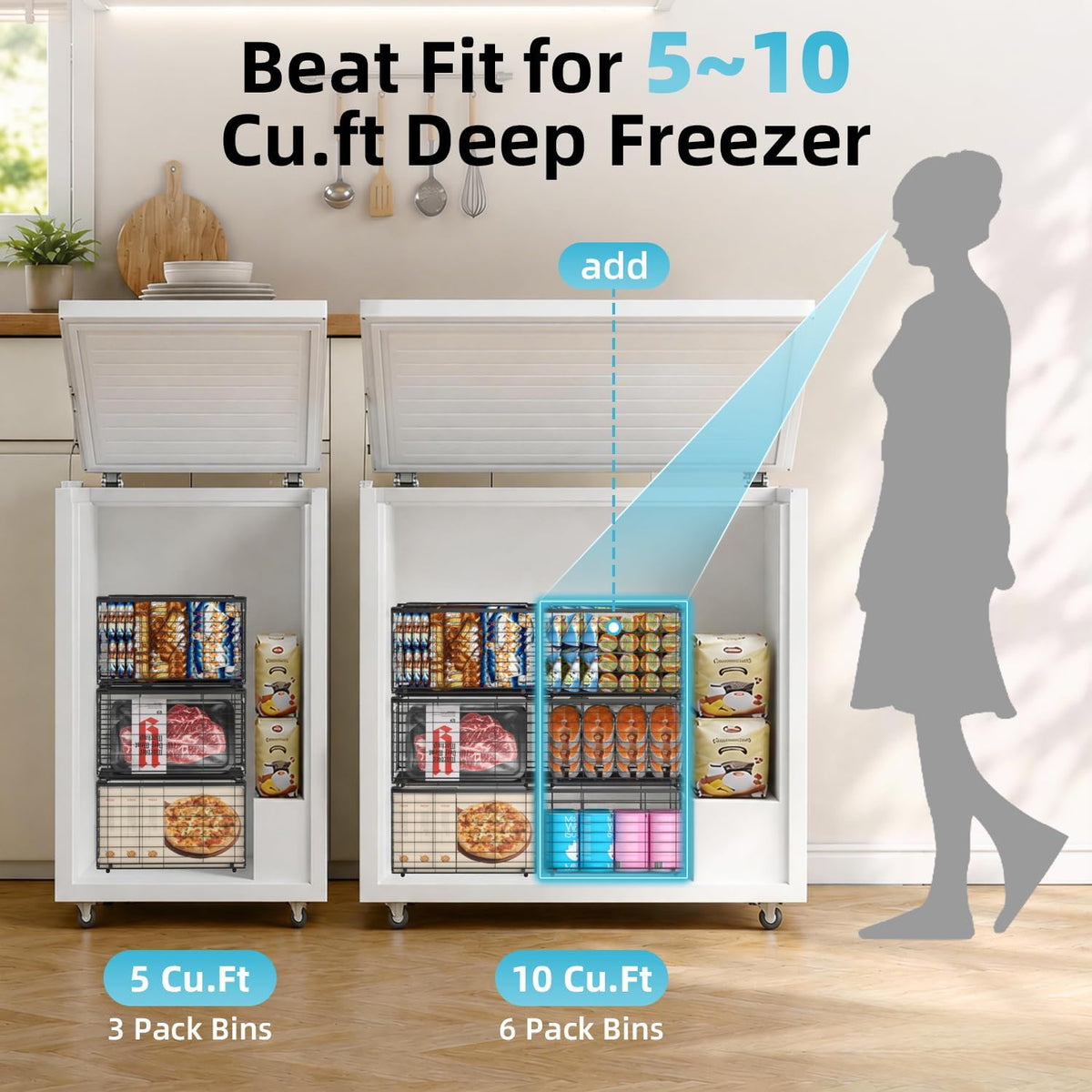 Freezer Organizer Bins,3 Pack Large Deep Freezer Organizer Bins for 5/7/10 Cu.FT Deep Freezer,Easy Access,Stackable & Sturdy,Black