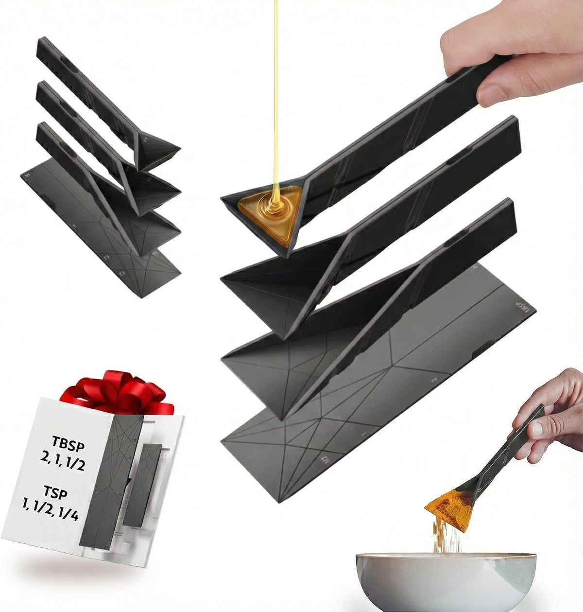 POLYGONS - Original Flat 3-in-1 Folding Measuring Spoons | 2 Spoons fold into 6 Sizes | Magnetic | DuraBend Tech lasts 100k+ folds | LeakProof for Wet & Dry | Gift Packaging | Baking/Cooking (Black)
