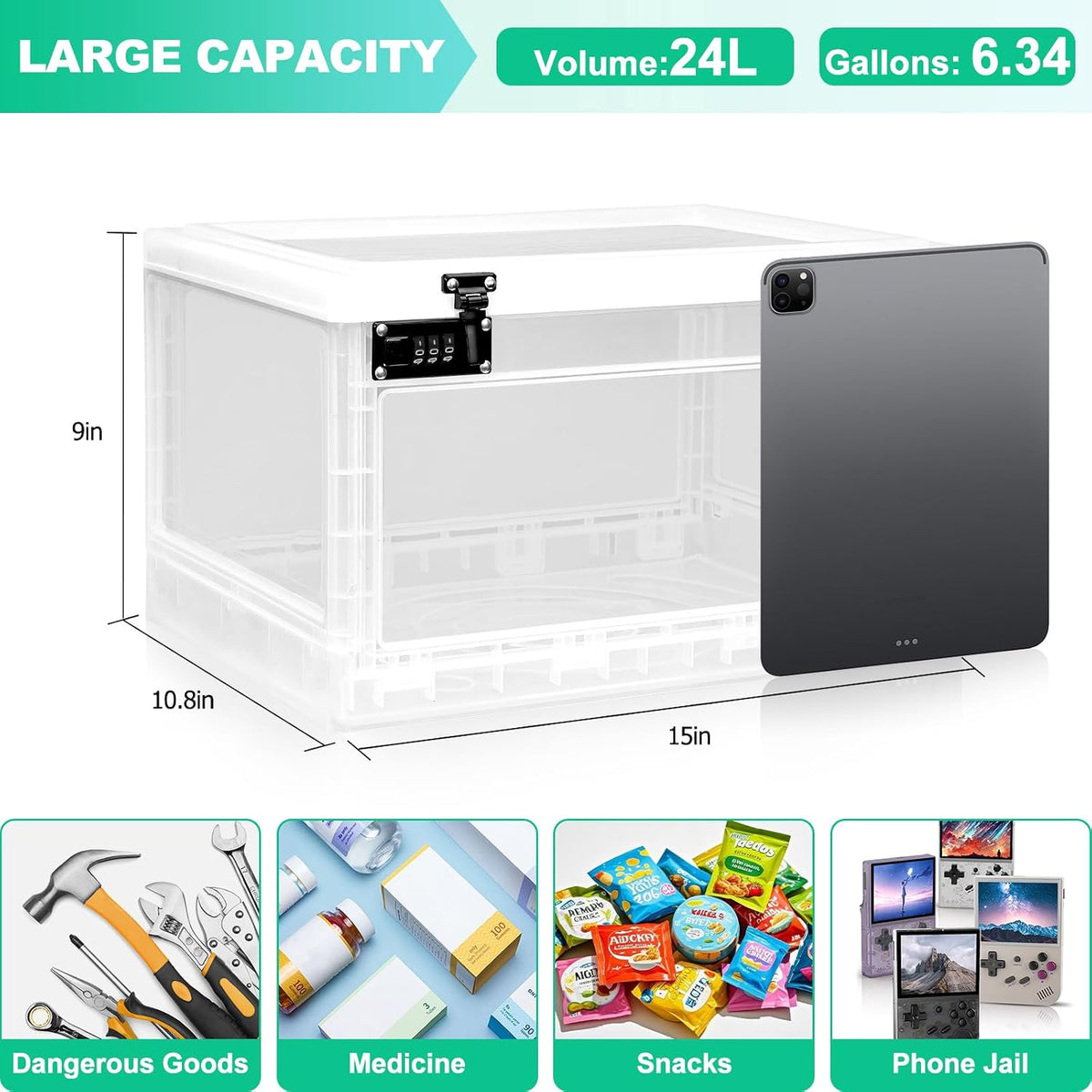 Large Medicine Lock Box with Dual 3-Digit Combination Locks, 24L Lockable Storage Box for Medication, Snacks, Phone, and Electronics - BPA-Free Organizer Bin for Home, Office, Fridge, and Safety