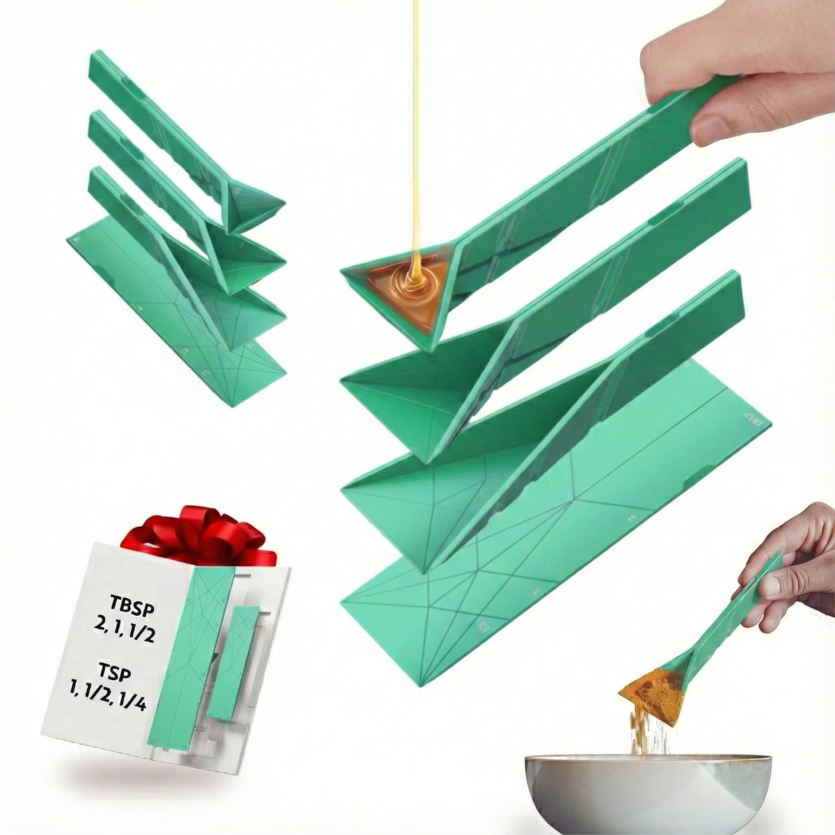 POLYGONS - Original Flat 3-in-1 Folding Measuring Spoons | 2 Spoons fold into 6 Sizes | Magnetic | DuraBend Tech lasts 100k+ folds | LeakProof for Wet & Dry | Gift Packaging | Baking/Cooking (Black)
