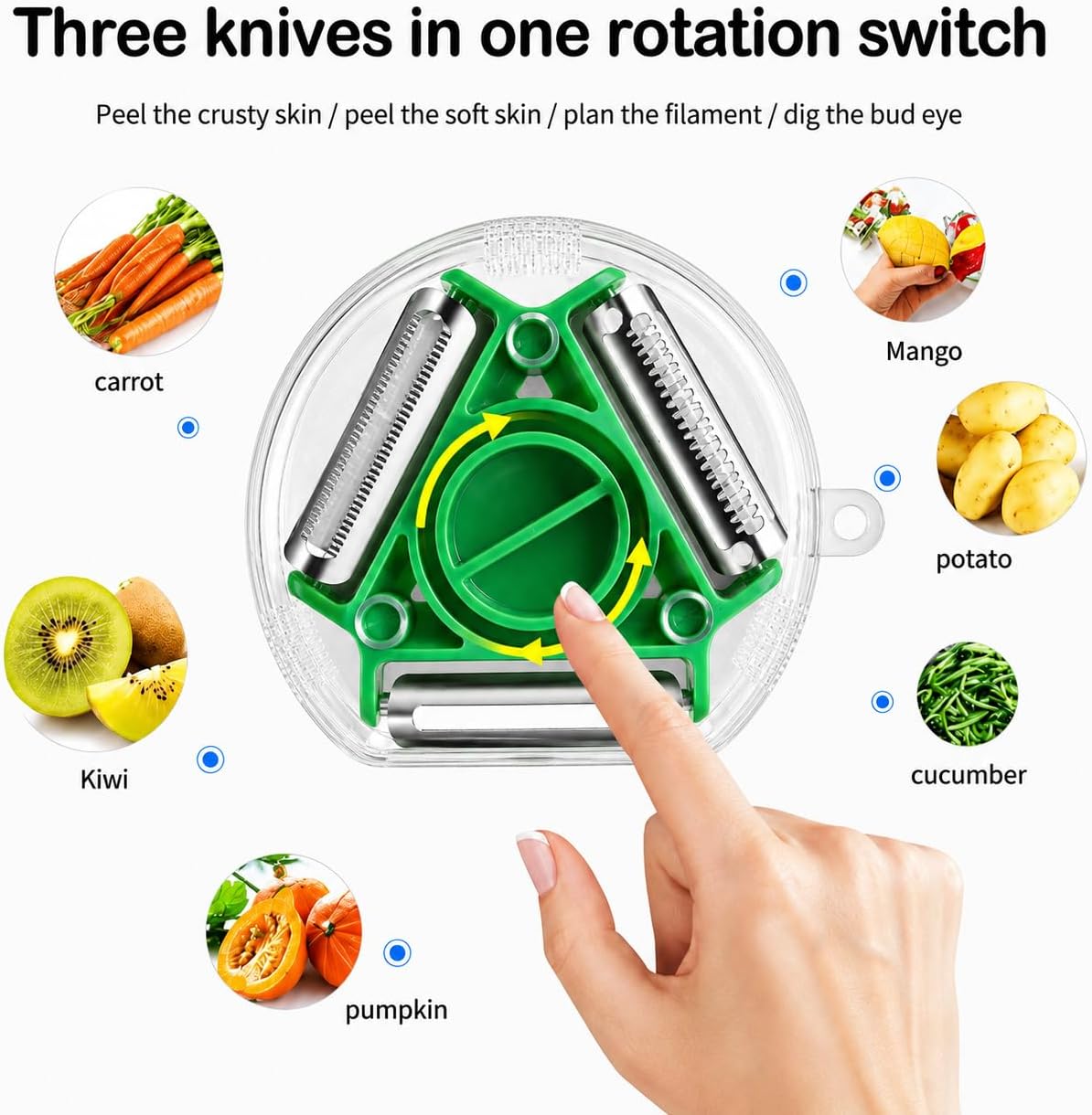Vegetable Peeler and Paring Knife Set, 3-in-1 Rotary Vegetable Peeler, Ultra Sharp Stainless Steel Blades, Soft Grip Ergonomic Handle, Kitchen Tool, Veggie, Fruit, Potato, Apple, 2-Piece Set-Green
