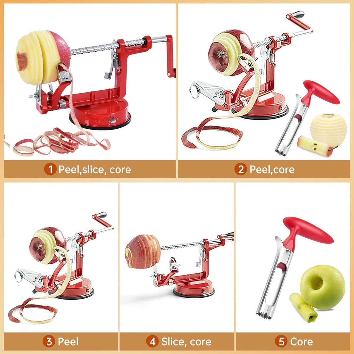 Apple Peeler Corer, 5 In 1 Apple Peeler Slicer Corer with Stainless Steel Blades and Powerful Suction Base for Apples and Potatoes(Ruby)