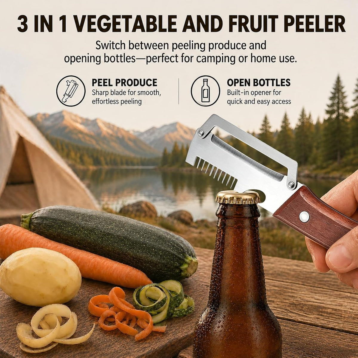 2026 Upgrade 3 in 1 Vegetable Peeler with Scallion Shredder & Bottle Opener, Professional Stainless Steel Potato Peeler with Ergonomic Wood Handle, Rust-Resistant & Heavy Duty Kitchen Tool (2)
