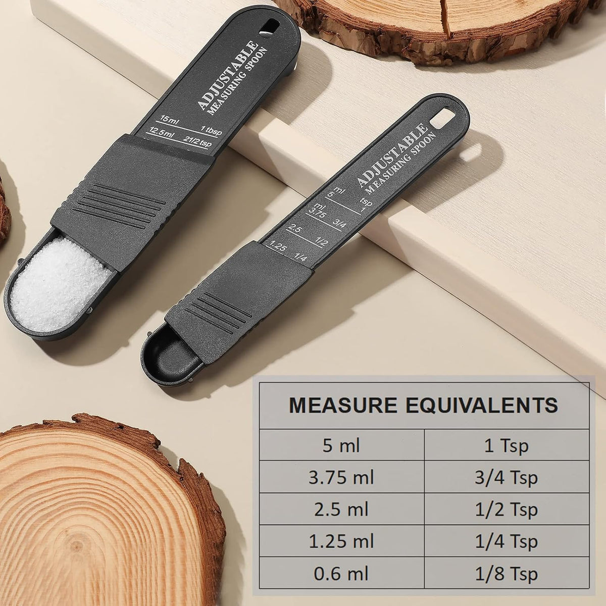 Meanplan 6 Pcs Adjustable Measuring Spoons, Baking Cooking, 2 Sizes, Black