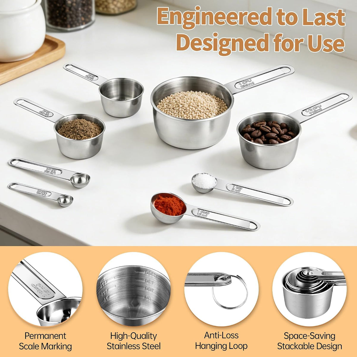 YC Kitchen Measuring Cups and Spoons Set, 8-Piece, Stainless Steel
