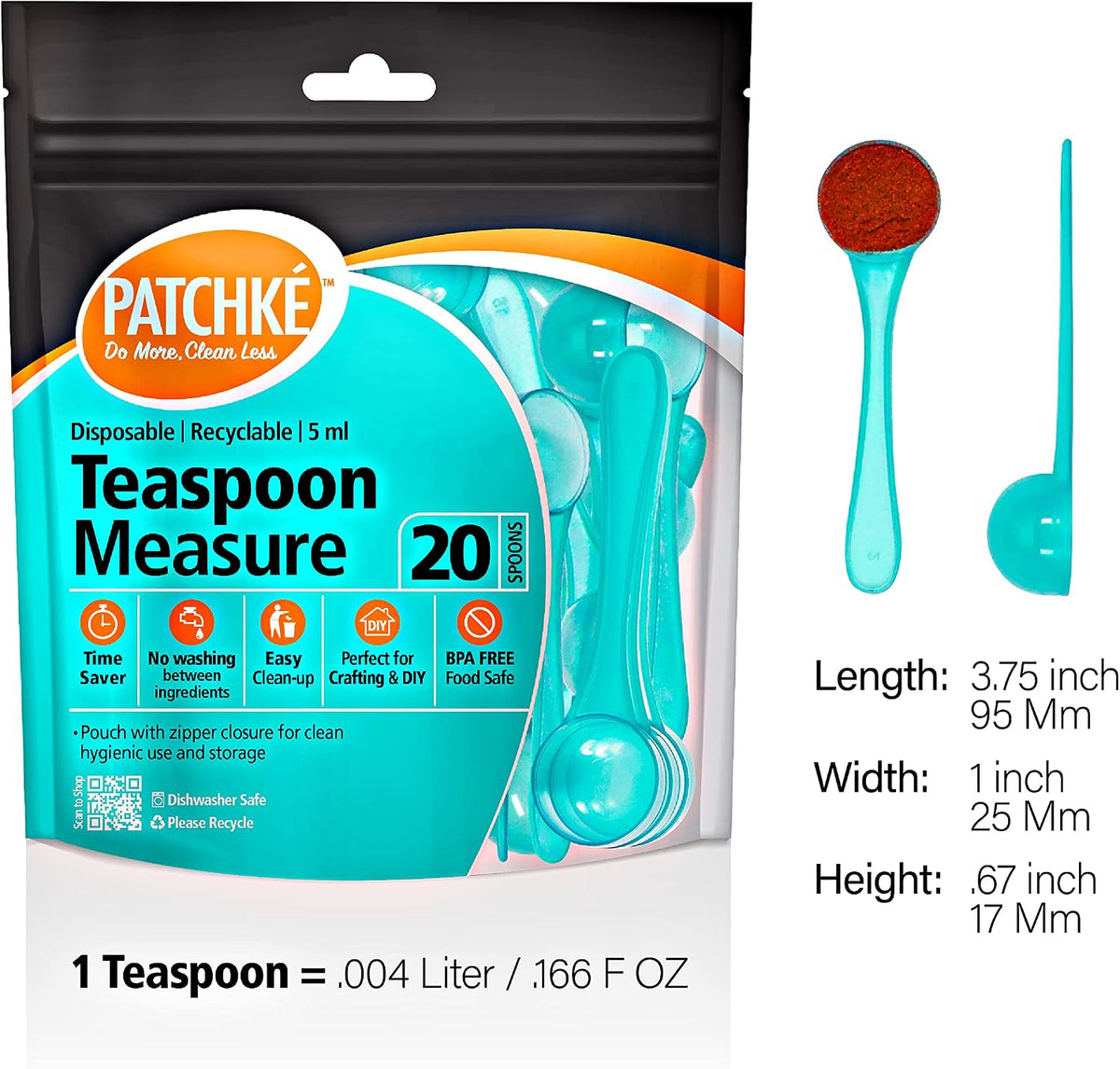 Plastic Measuring Spoons, Fits in Jar, Good for Formula, Coffee, Pet Food - 5 ml - 1 Teaspoon Mesure (20)