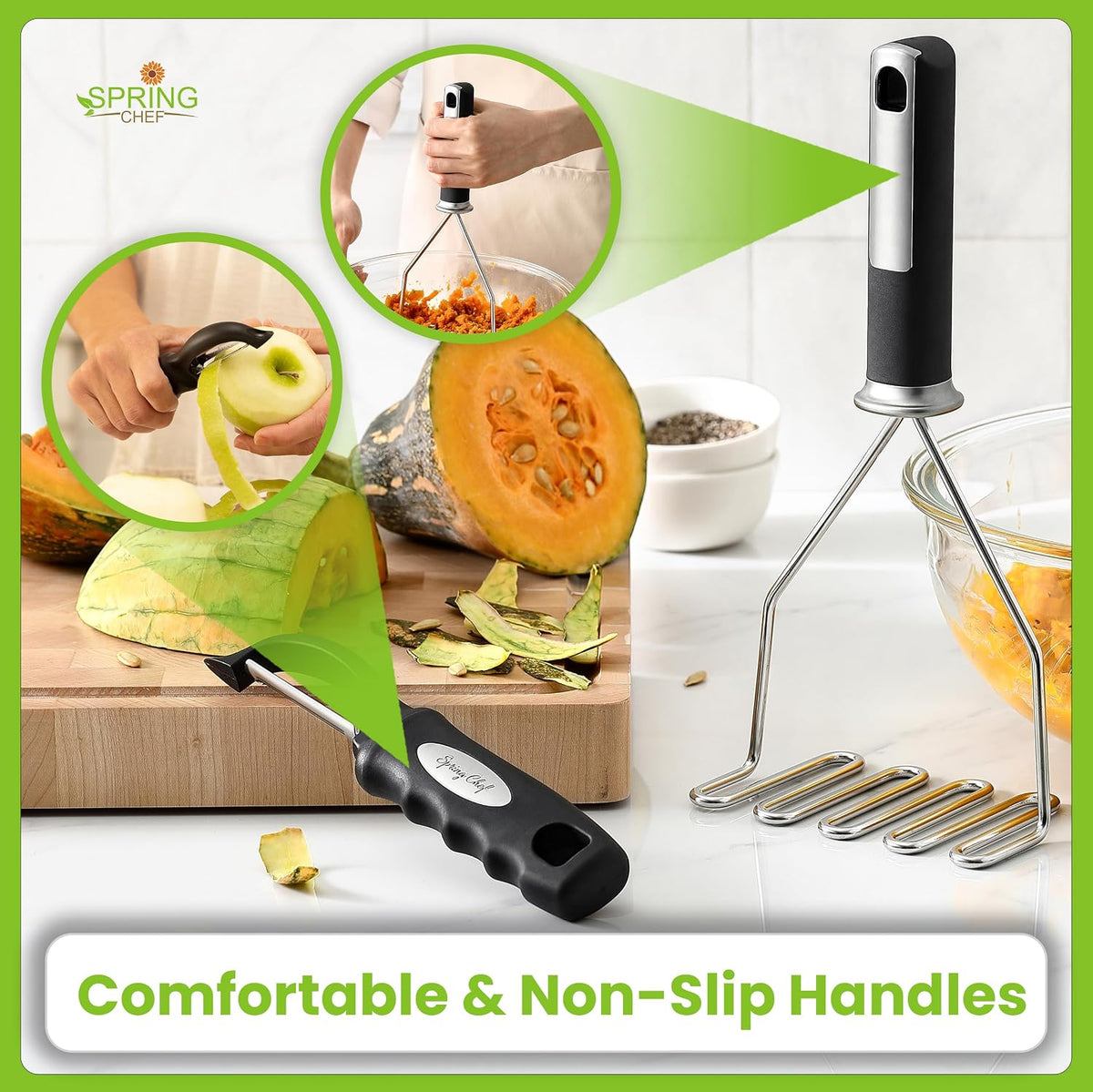 Spring Chef Stainless Steel Potato Masher & Durable Vegetable Peeler Set