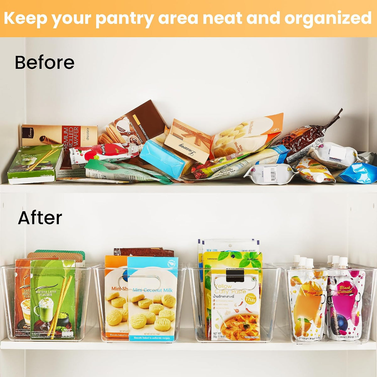 YIHONG Clear Plastic Storage Organizer Bins, 4 Pack Pantry Food Storage Bins with Handle for Kitchen,Refrigerator, Freezer,Cabinet Organization and Storage