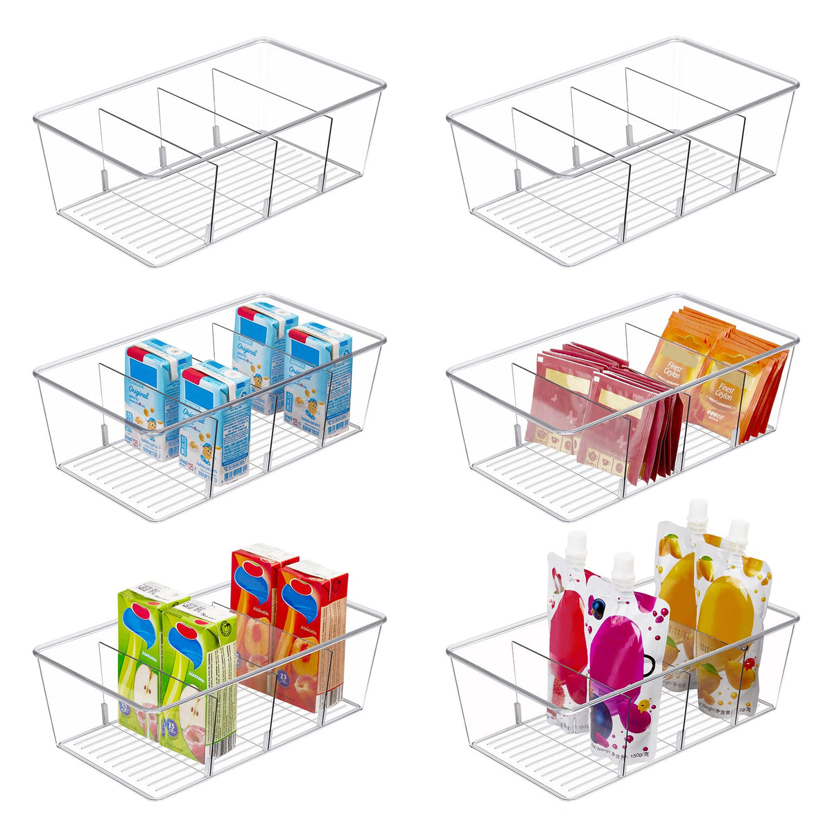 Vtopmart 4 Pack Food Storage Organizer Bins, Clear Plastic, 4 Compartments