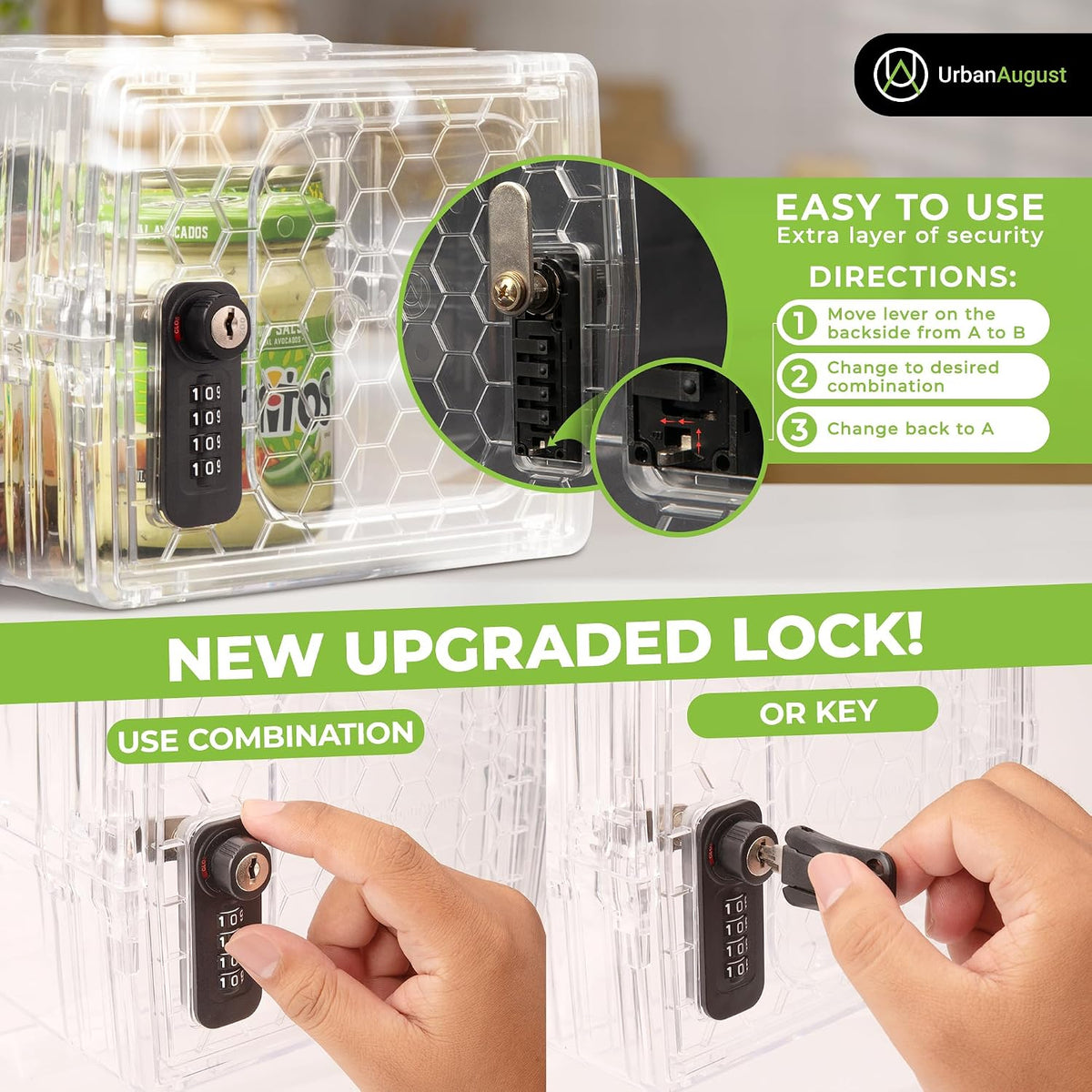 Urban August Combination Lock Box For Food & Medicine - Dual Combination & Keyed, Made of Industrial-Grade Plastic, One Size (Clear)