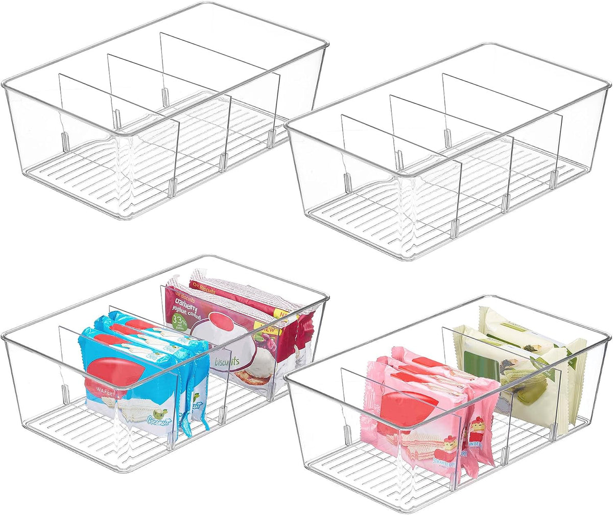 Vtopmart 4 Pack Food Storage Organizer Bins, Clear Plastic, 4 Compartments