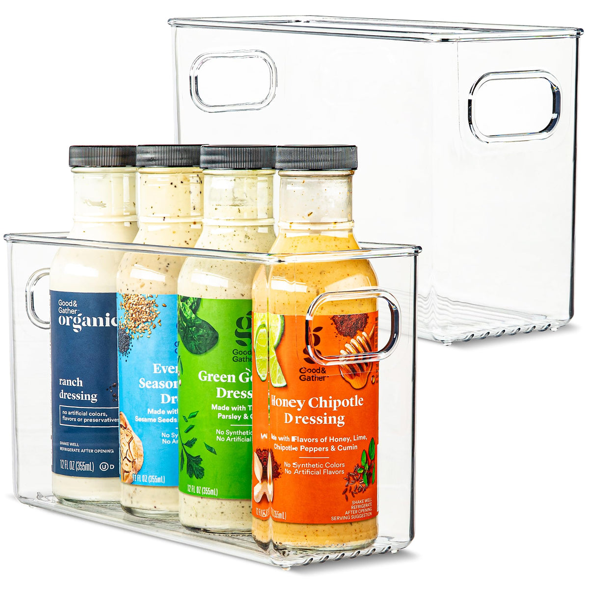 Plastic Food Storage 2 Pack Clear Container Bin with Handles for Organizing Kitchen, Pantry, Refrigerator, Freezer, Pantry, Cabinet, Closet, Bathroom. Stackable 10”x6”x3”