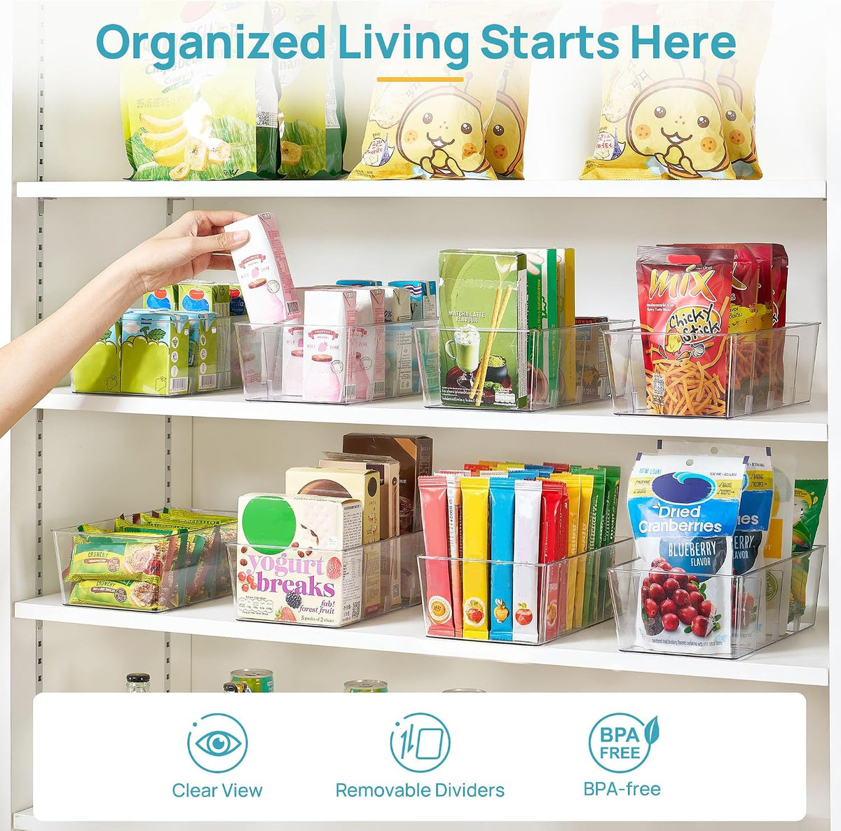 Vtopmart 4 Pack Food Storage Organizer Bins, Clear Plastic, 4 Compartments
