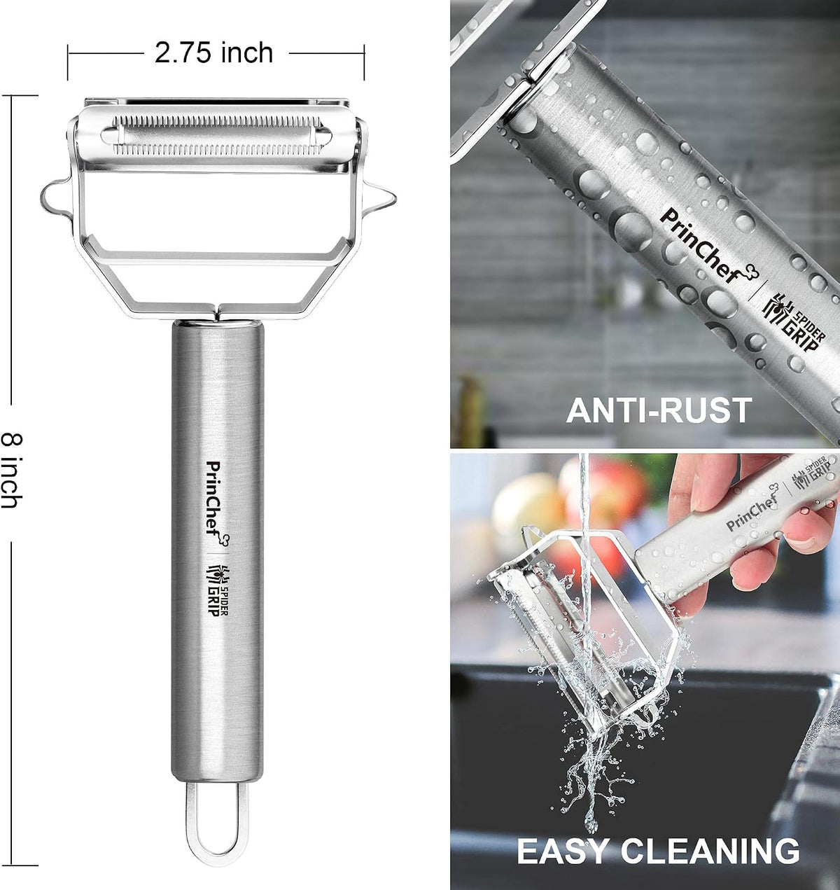 PrinChef Vegetable Peeler, 3 in 1 Versatile Y Potato Peeler for Kitchen| Ultra Sharp Julienne Peeler with Anti-Slip Handle | Stainless Steel No-Rust Veggie Peeler, Heavy Duty
