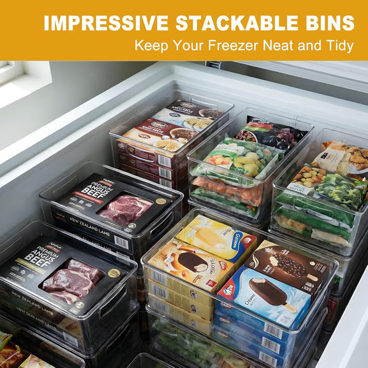 Hudgan 8 Pack Freezer Organizer Bins,Stackable,Clear Bins for Fridge,Pantry