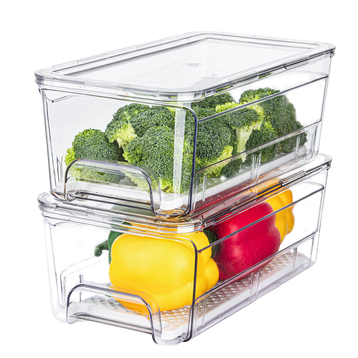 4-Pack Refrigerator Drawer Organizer Bins, Clear Stackable Pull Out Fridge Organizers and Storage Container, with Strainer Layer for Fruits, Vegetables, Drinks, Snack and Food