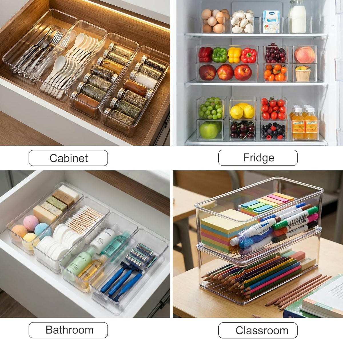 Hudgan 4 Clear Pantry Organizer Bins for Kitchen Drawer, Refrigerator