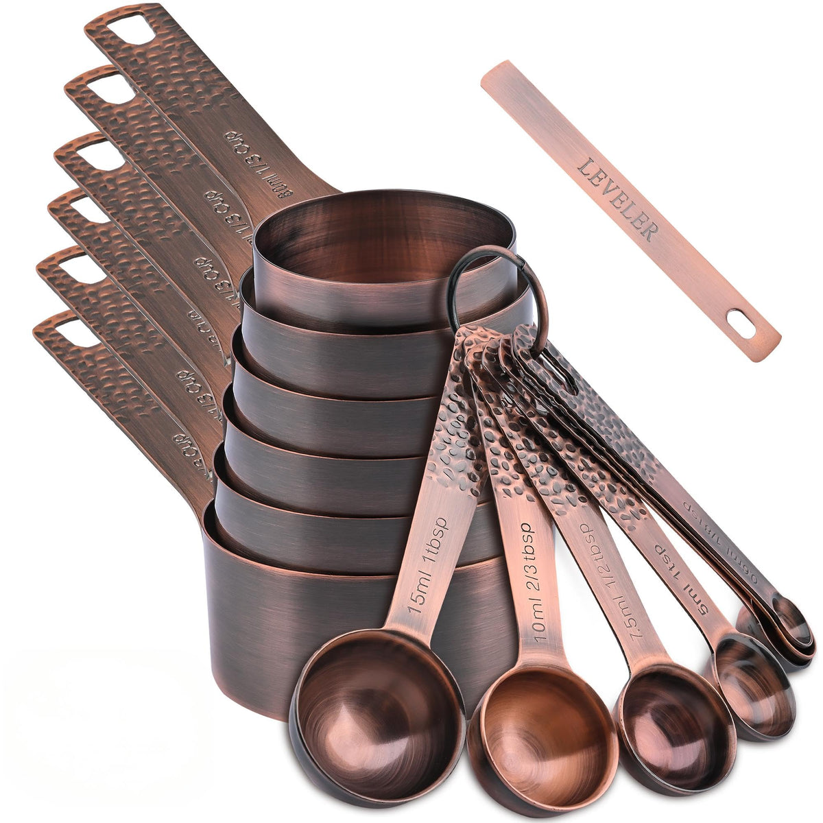 Measuring Cups and Spoons Set 14, Copper Measuring Cups and Spoons Set for Dry & Liquid, Metric & US Stainless Steel 6 Measure Cups and 7 Spoons Set w/Leveler for Kitchen & Baking