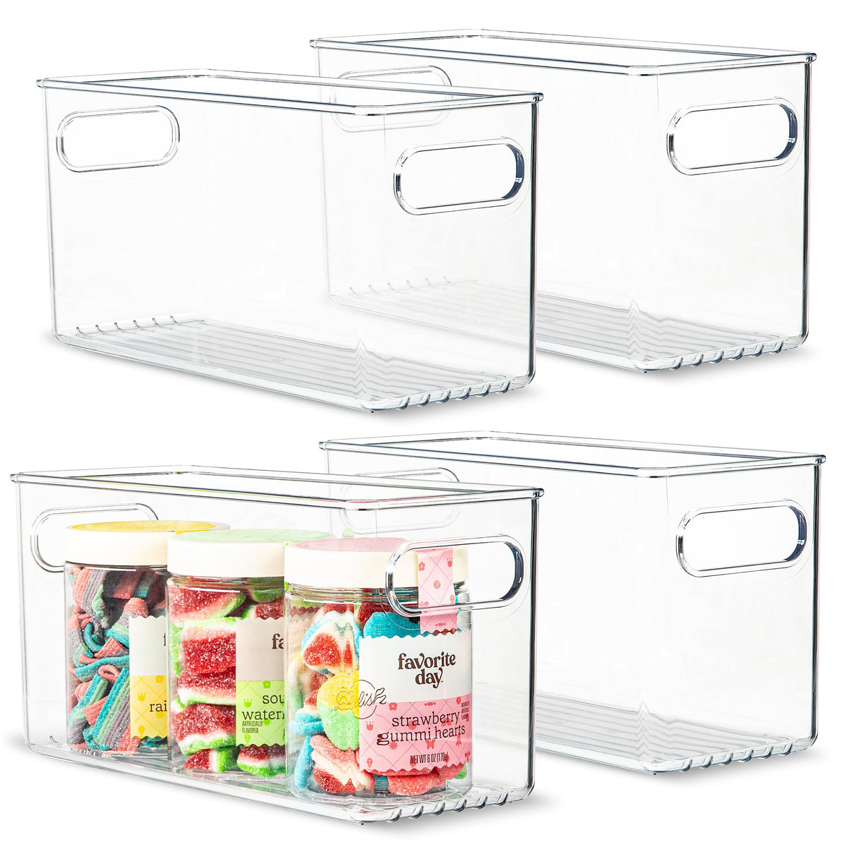 Plastic Food Storage 2 Pack Clear Container Bin with Handles for Organizing Kitchen, Pantry, Refrigerator, Freezer, Pantry, Cabinet, Closet, Bathroom. Stackable 10”x6”x3”