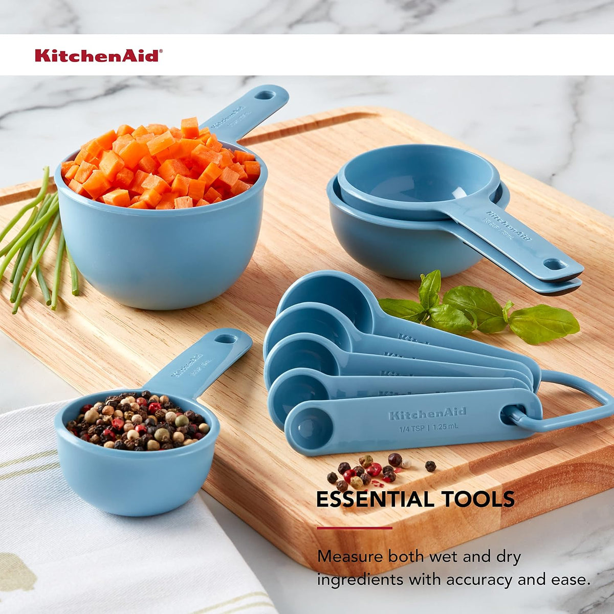 KitchenAid Universal Easy To Read Measuring Cup and Spoon Set with Soft Grip Handle for Maximum Control, Hang Hole and Nesting For Easy Storage, Dishwasher Safe, 9 Piece, Blue Velvet