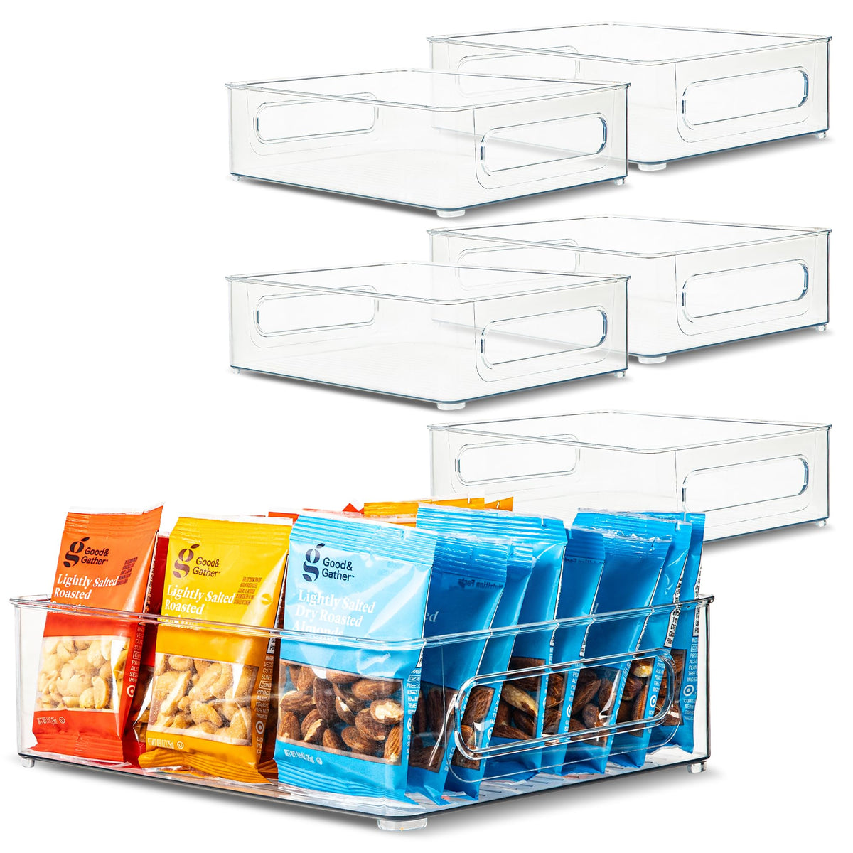 Plastic Food Storage 2 Pack Clear Container Bin with Handles for Organizing Kitchen, Pantry, Refrigerator, Freezer, Pantry, Cabinet, Closet, Bathroom. Stackable 10”x6”x3”