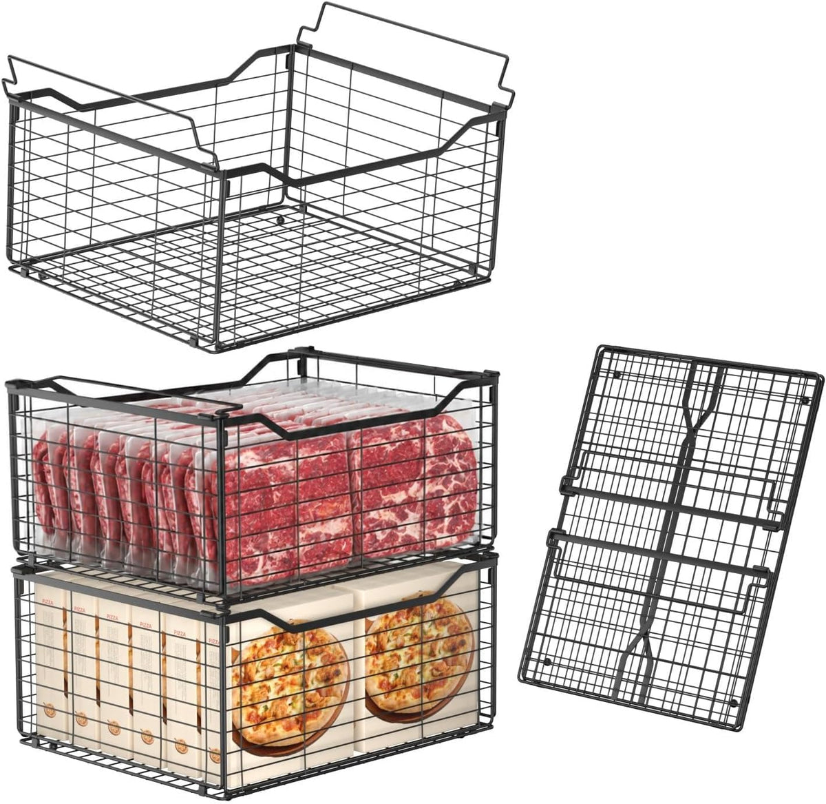 Freezer Organizer Bins,3 Pack Large Deep Freezer Organizer Bins for 5/7/10 Cu.FT Deep Freezer,Easy Access,Stackable & Sturdy,Black