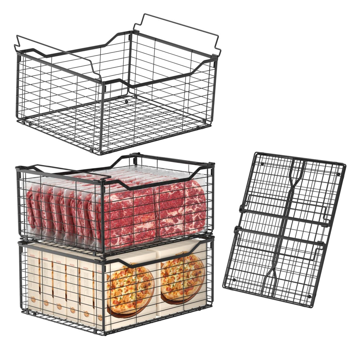 Freezer Organizer Bins,3 Pack Large Deep Freezer Organizer Bins for 5/7/10 Cu.FT Deep Freezer,Easy Access,Stackable & Sturdy,Black