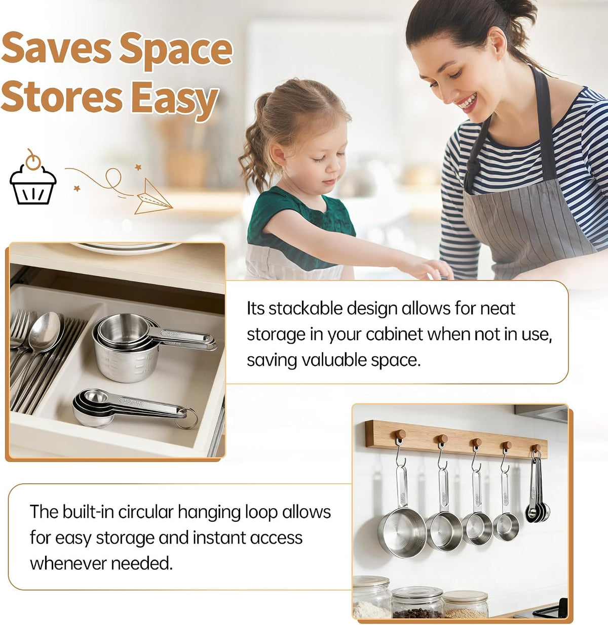 YC Kitchen Measuring Cups and Spoons Set, 8-Piece, Stainless Steel