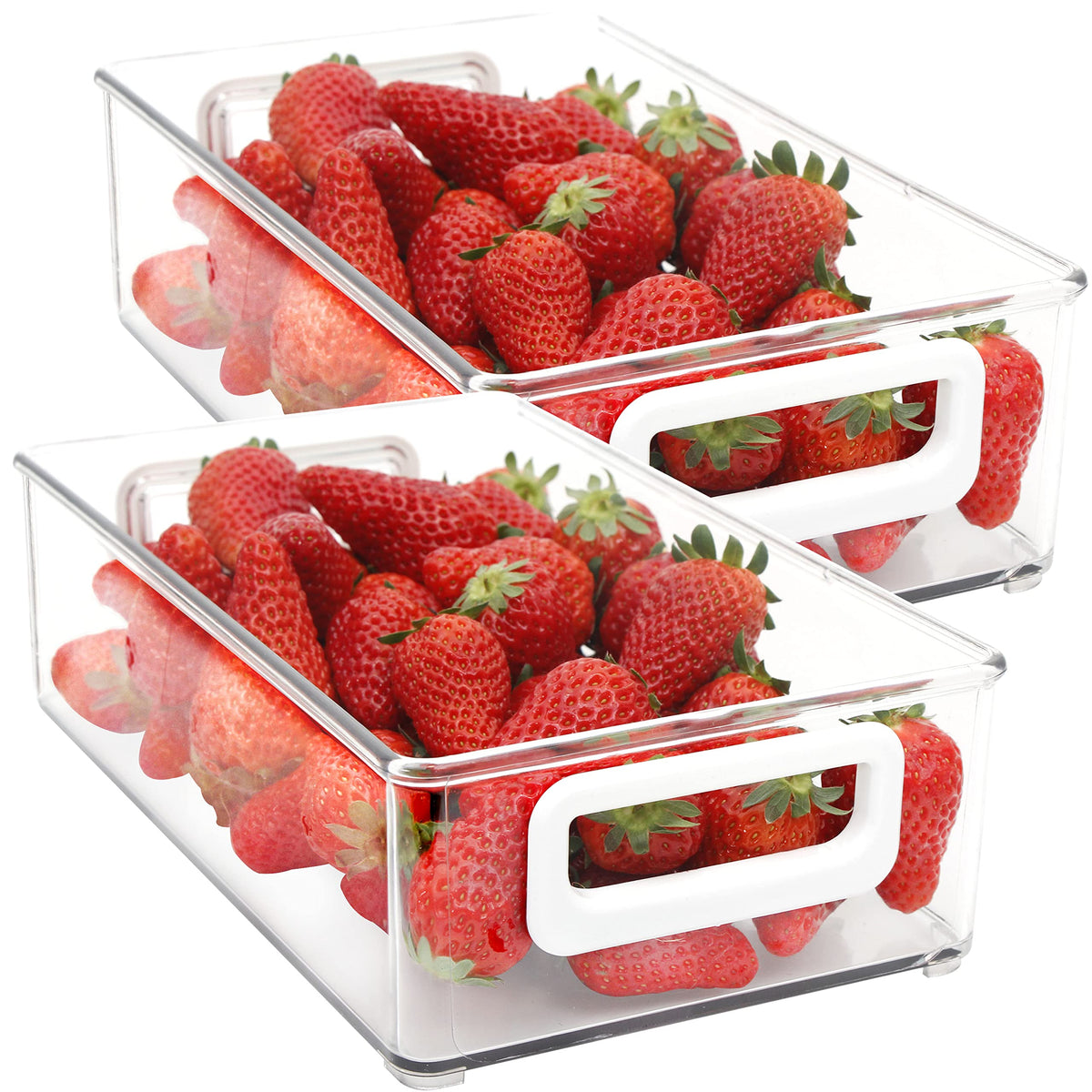 Youngever 2 Pack Stackable Plastic Storage Organizer Container Bin, Stackable Storage Bins with Handler for Refrigerator, Pantry (16" x 4" x 5")