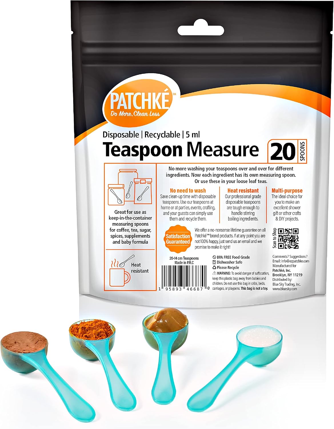 Plastic Measuring Spoons, Fits in Jar, Good for Formula, Coffee, Pet Food - 5 ml - 1 Teaspoon Mesure (20)